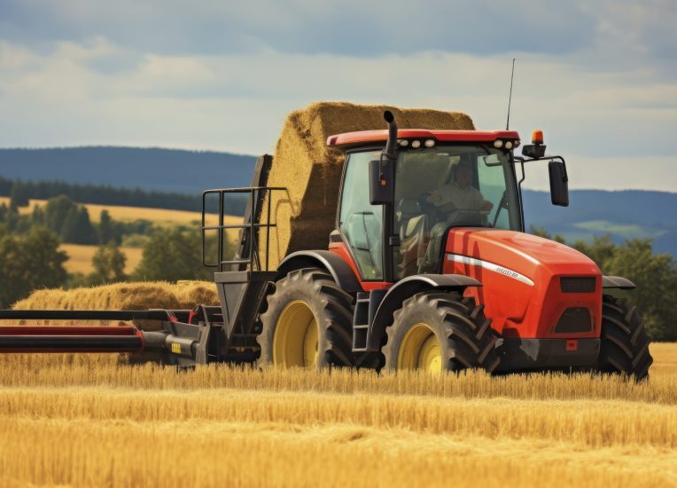 Harvesting the Fields - Collecting straw bales. Work on an agricultural farm. Generative AI
